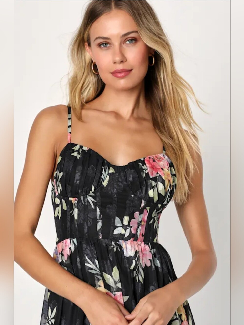 NEW Lulu's Elegant Radiance Black Floral Print Ruffled Bustier Midi Dress - Picture 2 of 14